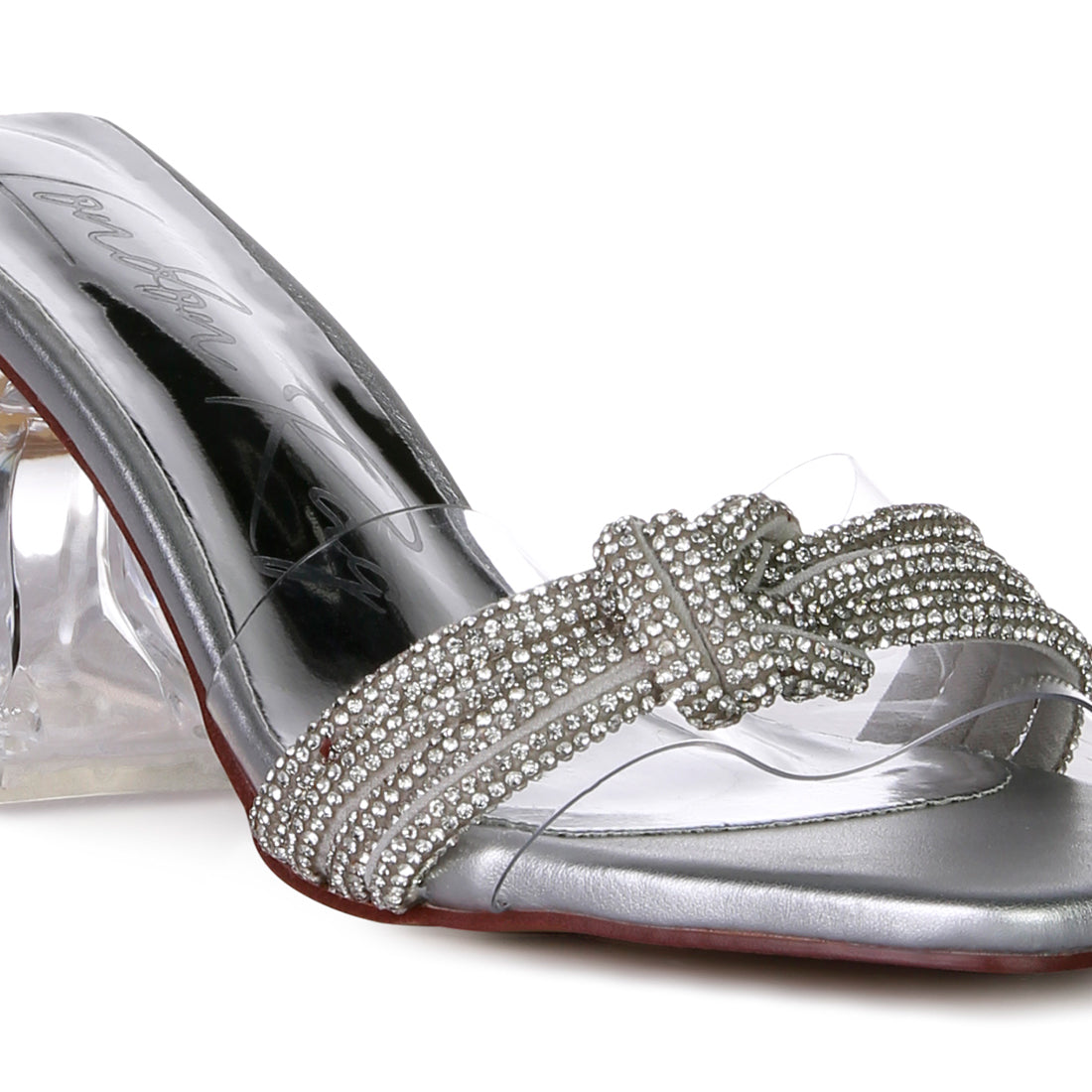 Silver Knotted Diamante Strap Spool Heel Sandals