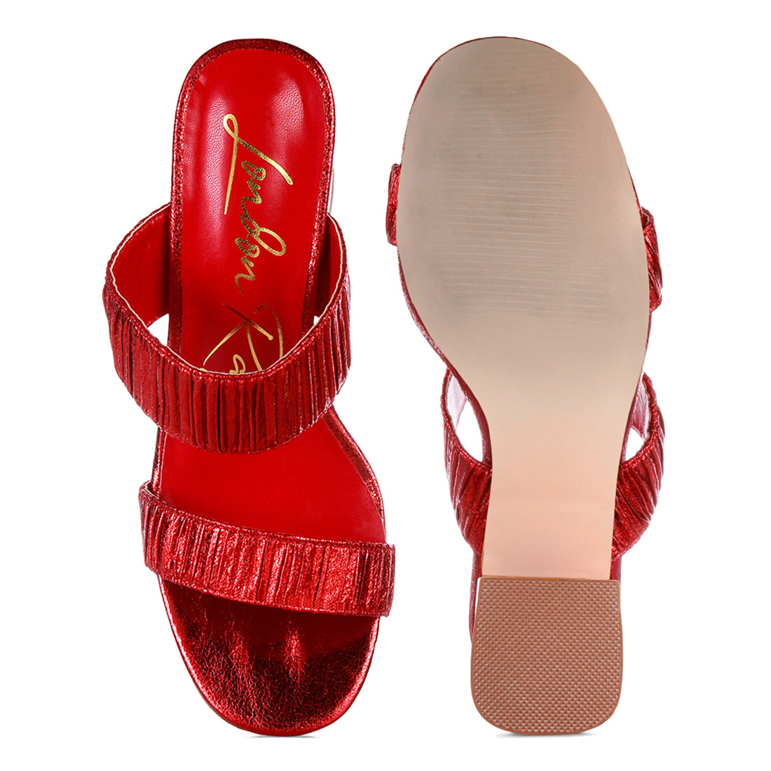 Red High Block Heeled Metallic Sandals