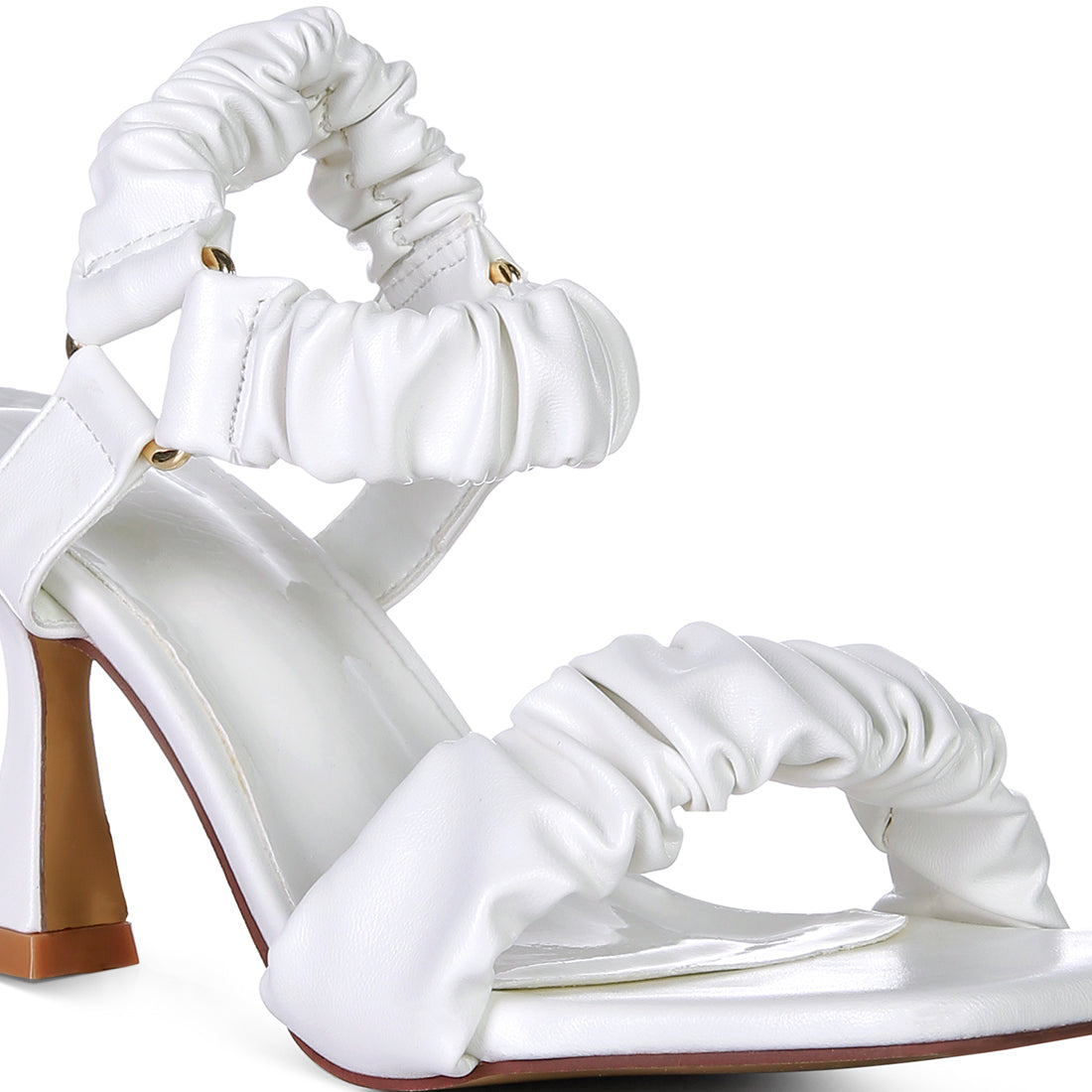 White Ruched Spool Heel Casual Sandals