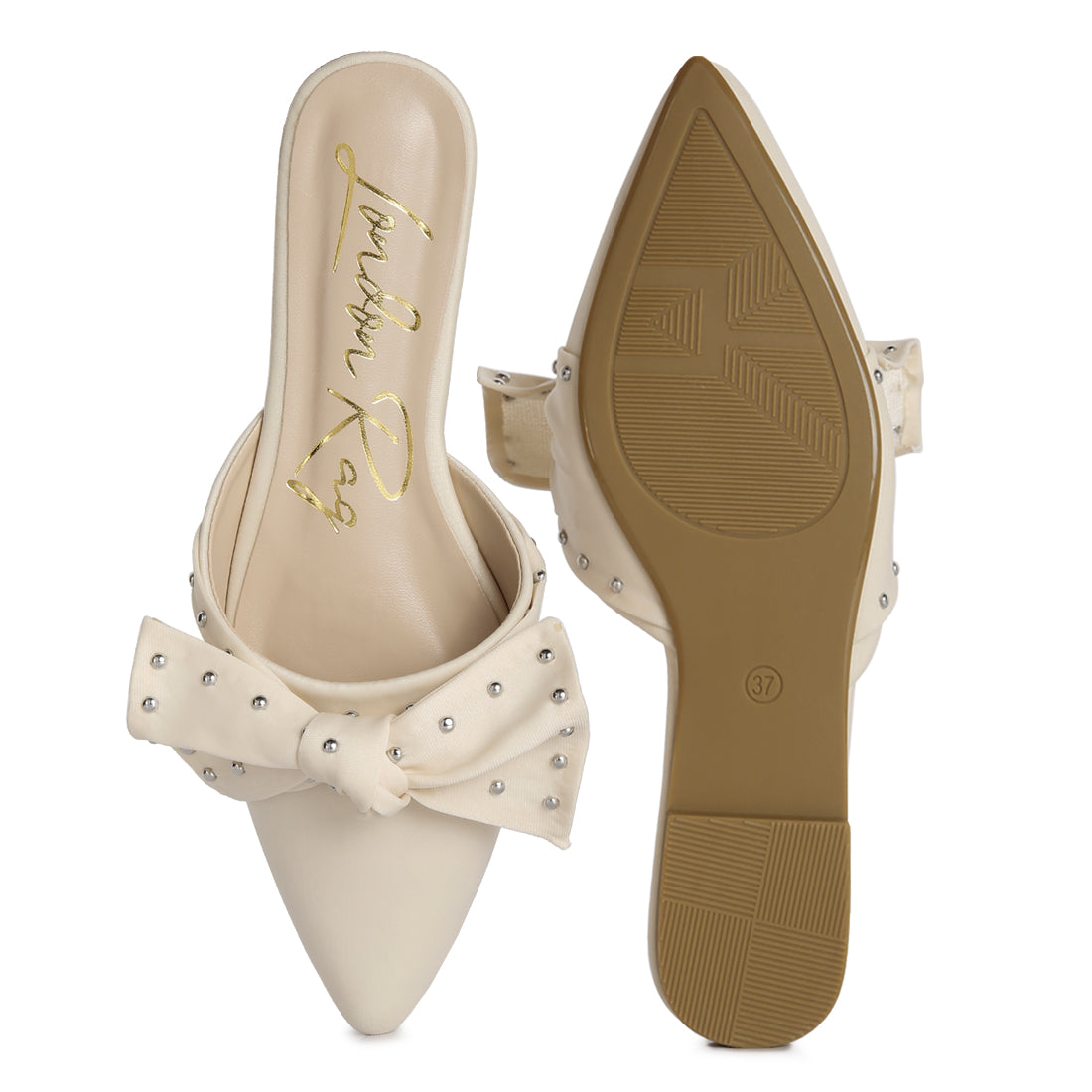 studded bow flat mules#color_beige