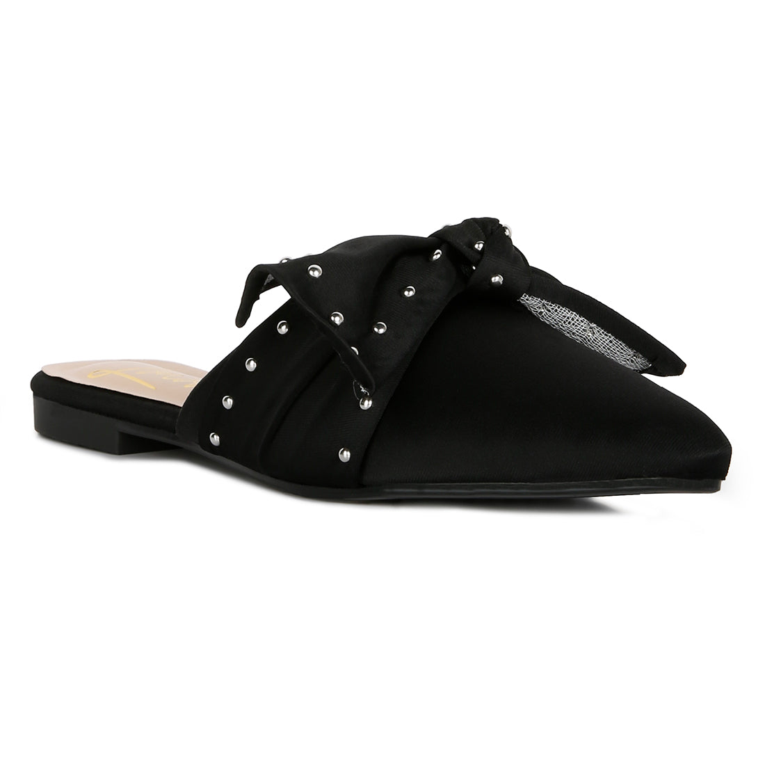 studded bow flat mules#color_black