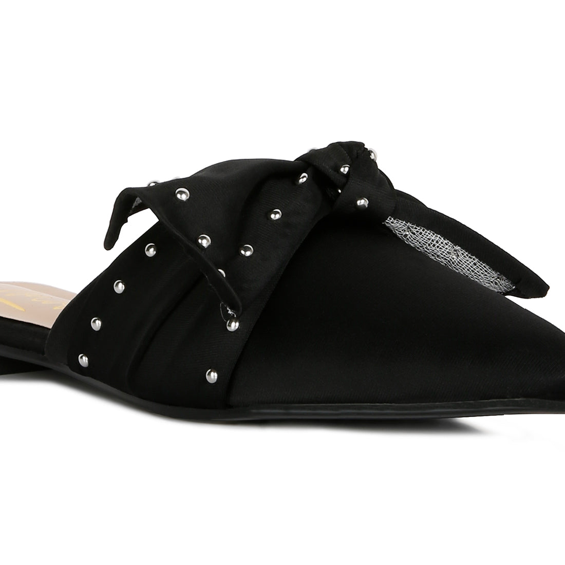 studded bow flat mules#color_black