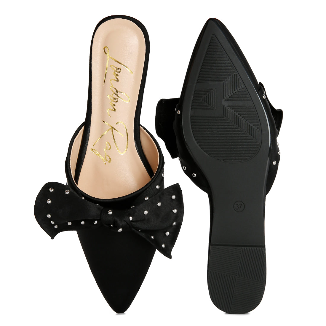 studded bow flat mules#color_black