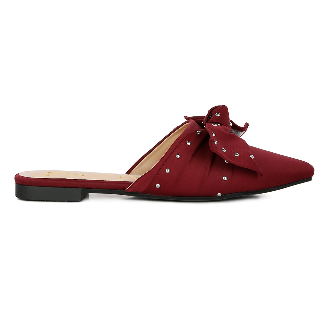 studded bow flat mules#color_burgundy