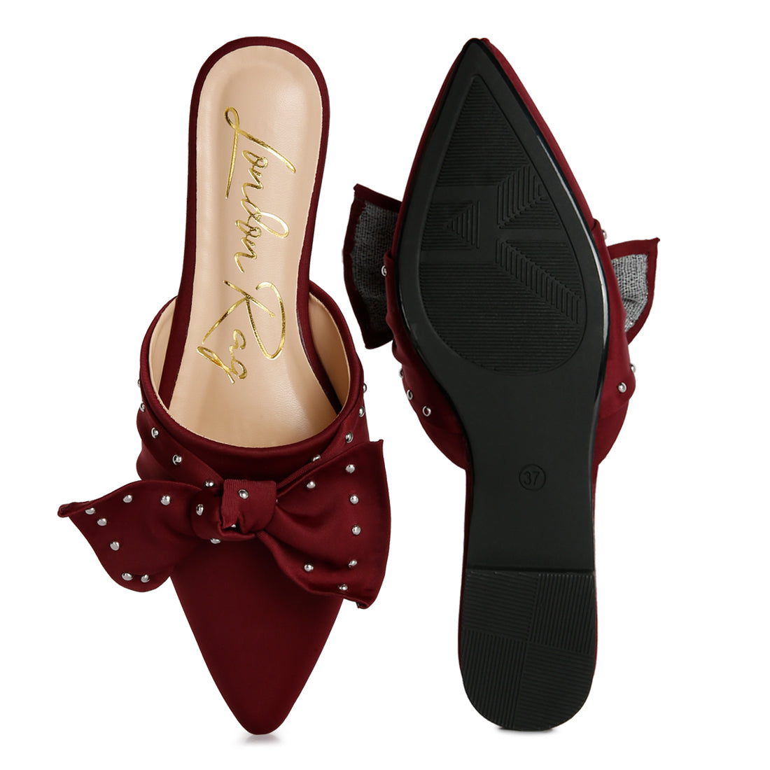 studded bow flat mules#color_burgundy