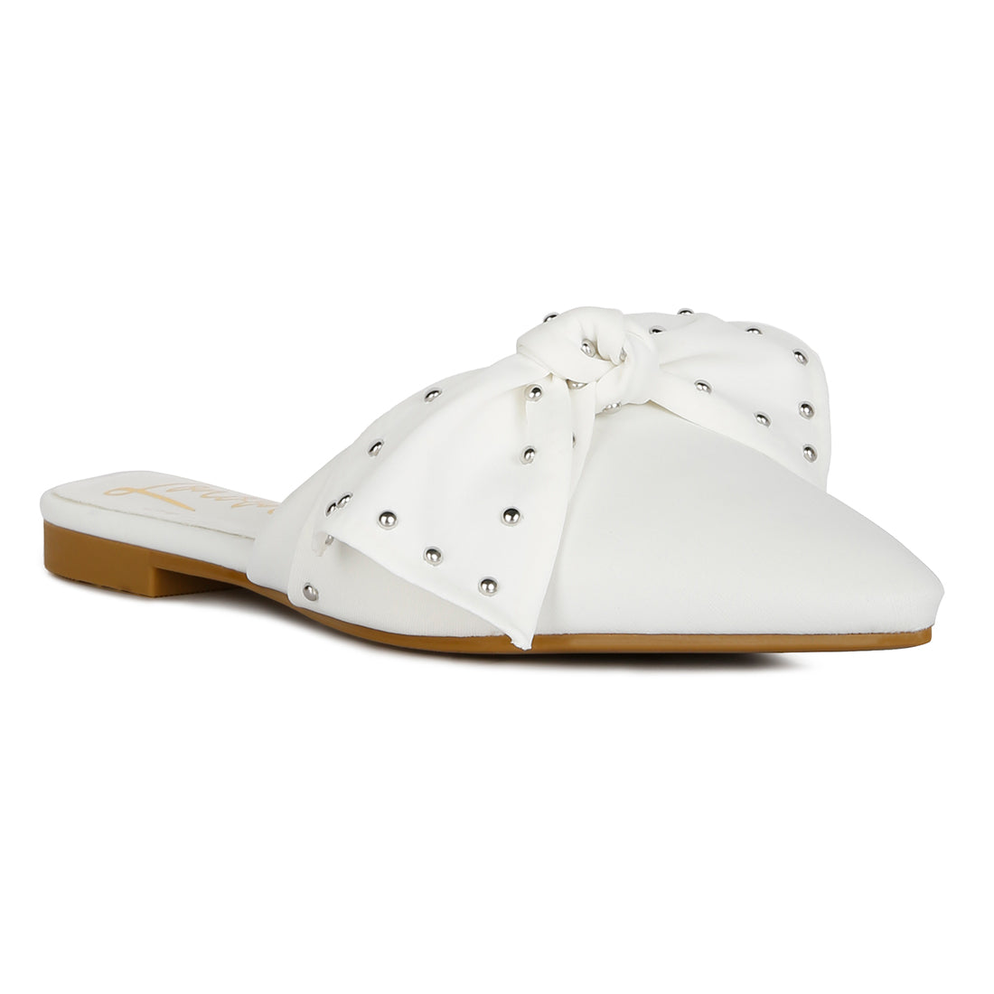 studded bow flat mules#color_white