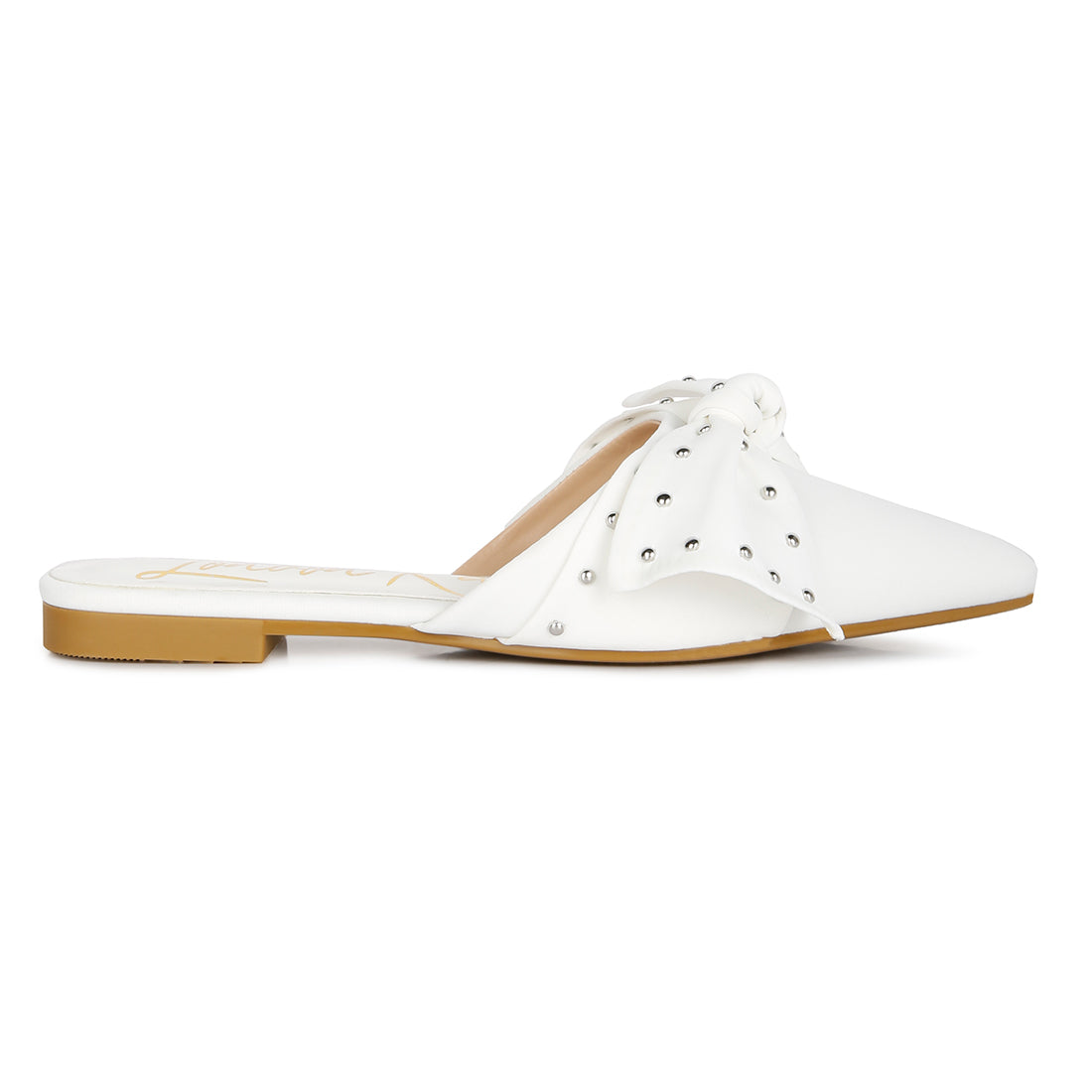 studded bow flat mules#color_white