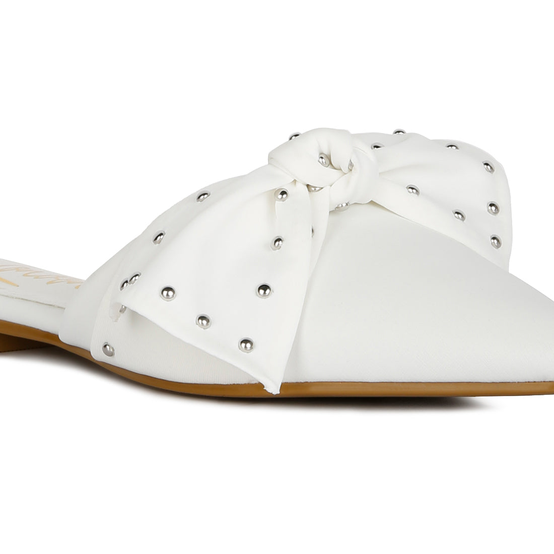 studded bow flat mules#color_white