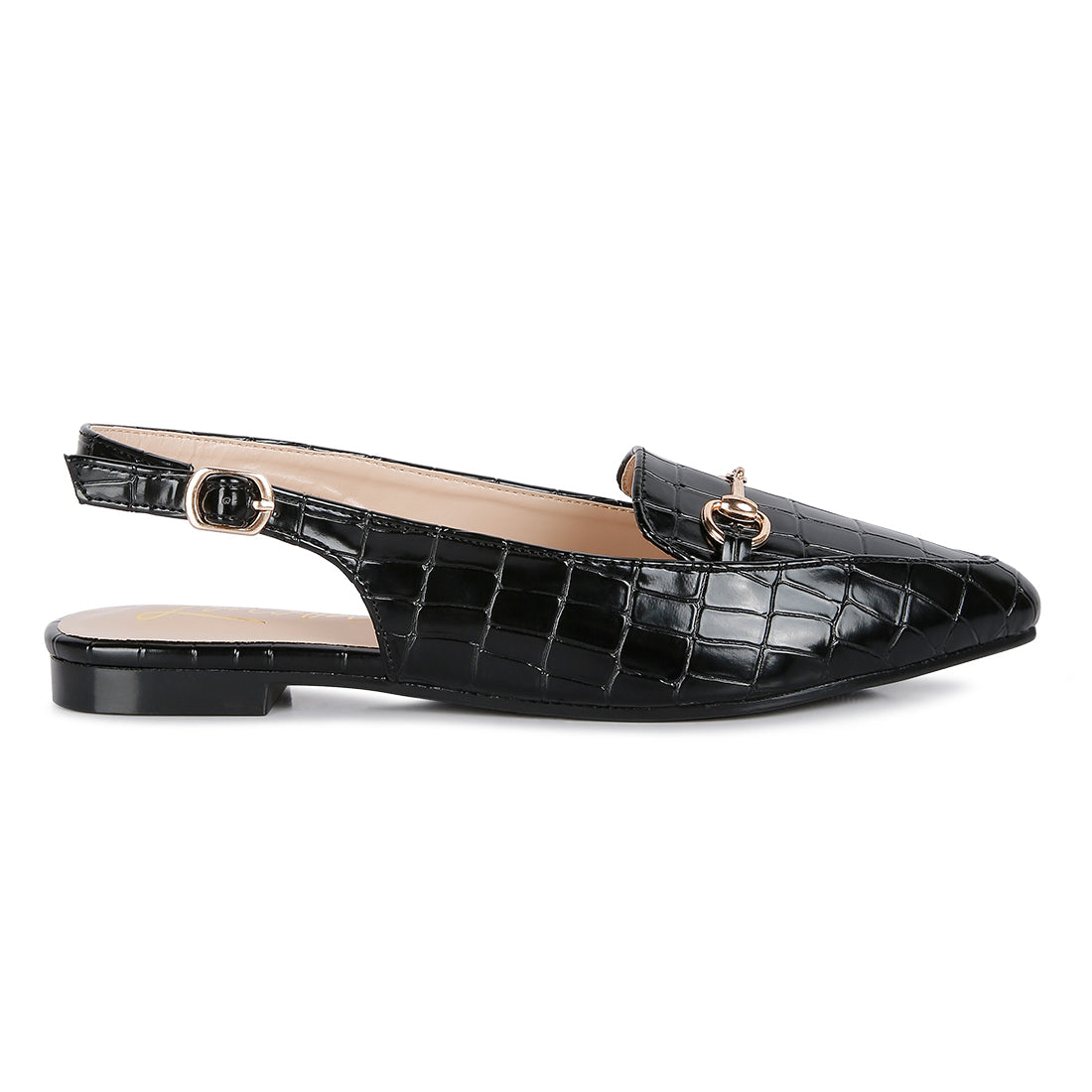 Black Croc Slingback Flat Sandals