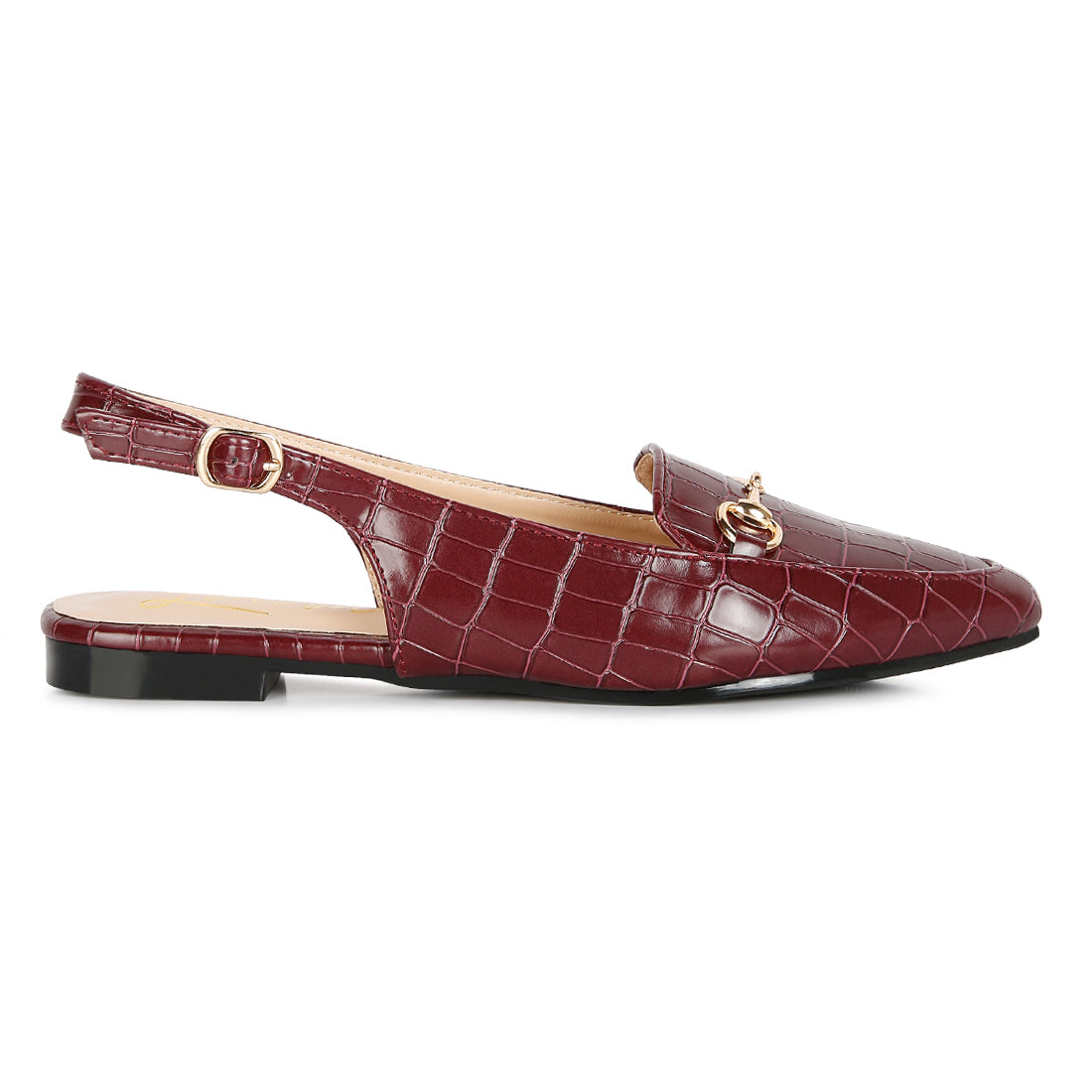 Burgundy Croc Slingback Flat Sandals