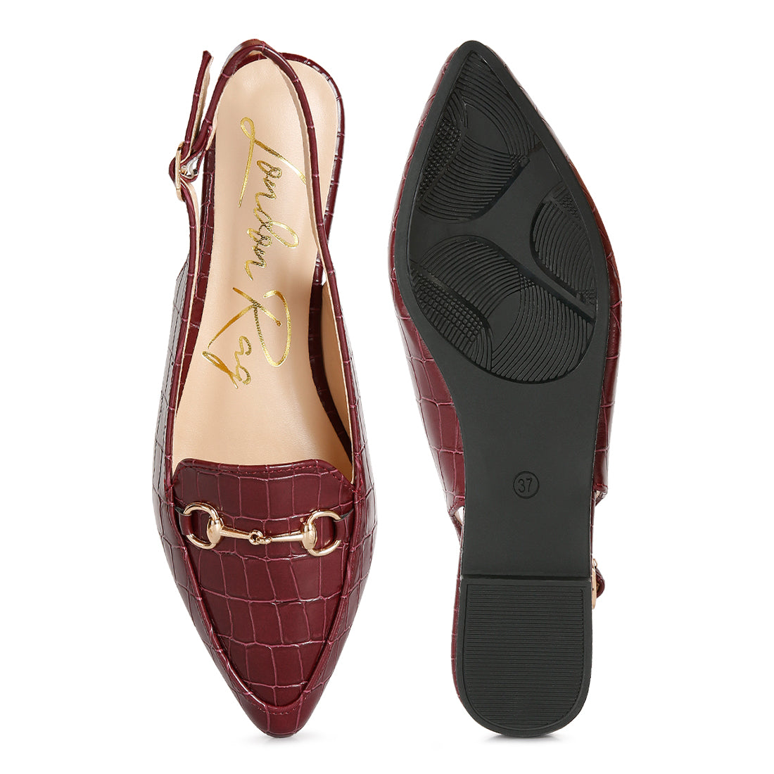 Burgundy Croc Slingback Flat Sandals