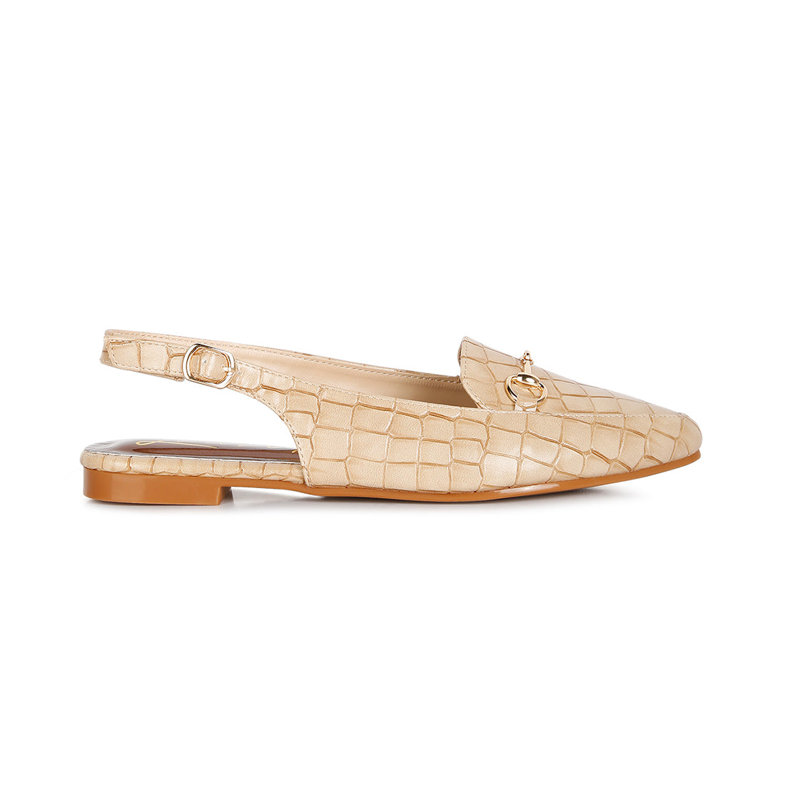 Beige Croc Slingback Flat Sandals