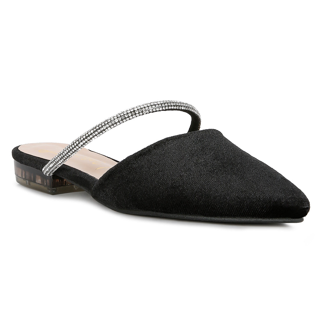 Black Velvet Diamante Detail Flat Mules