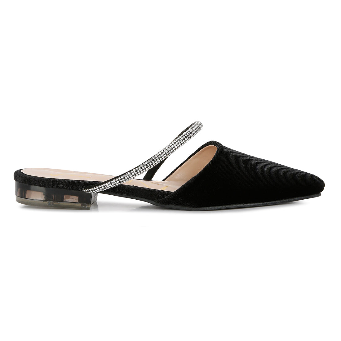 Black Velvet Diamante Detail Flat Mules