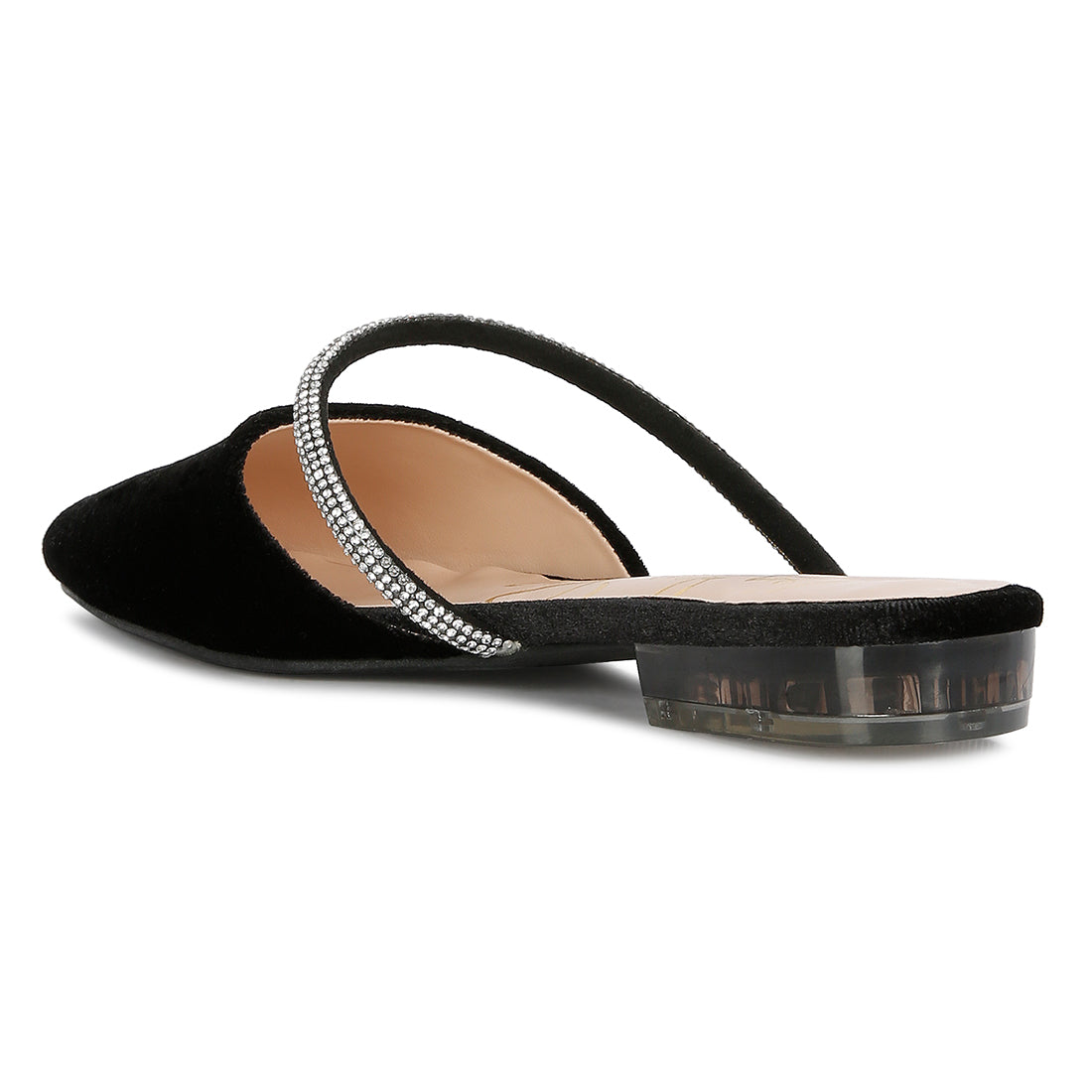 Black Velvet Diamante Detail Flat Mules