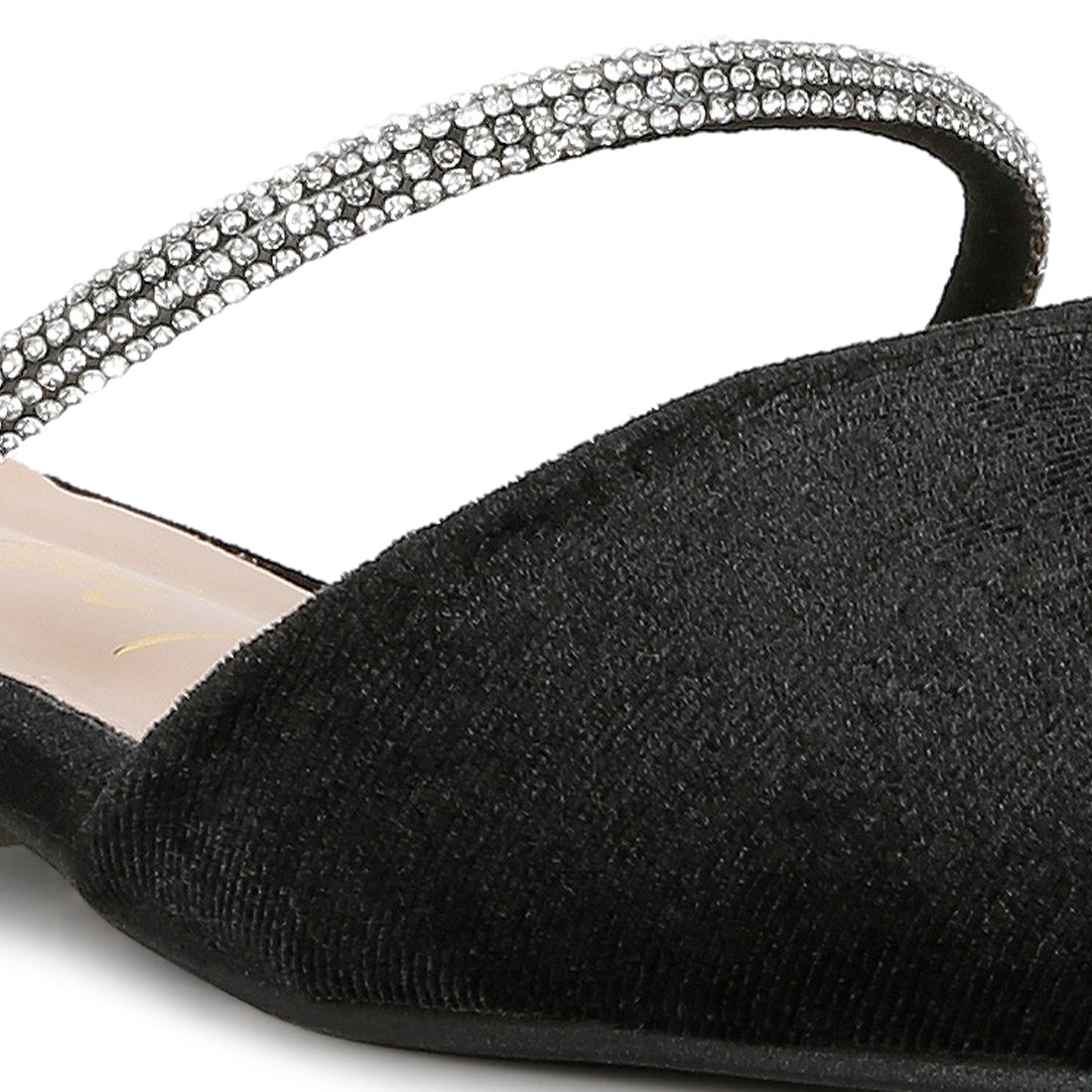 Black Velvet Diamante Detail Flat Mules