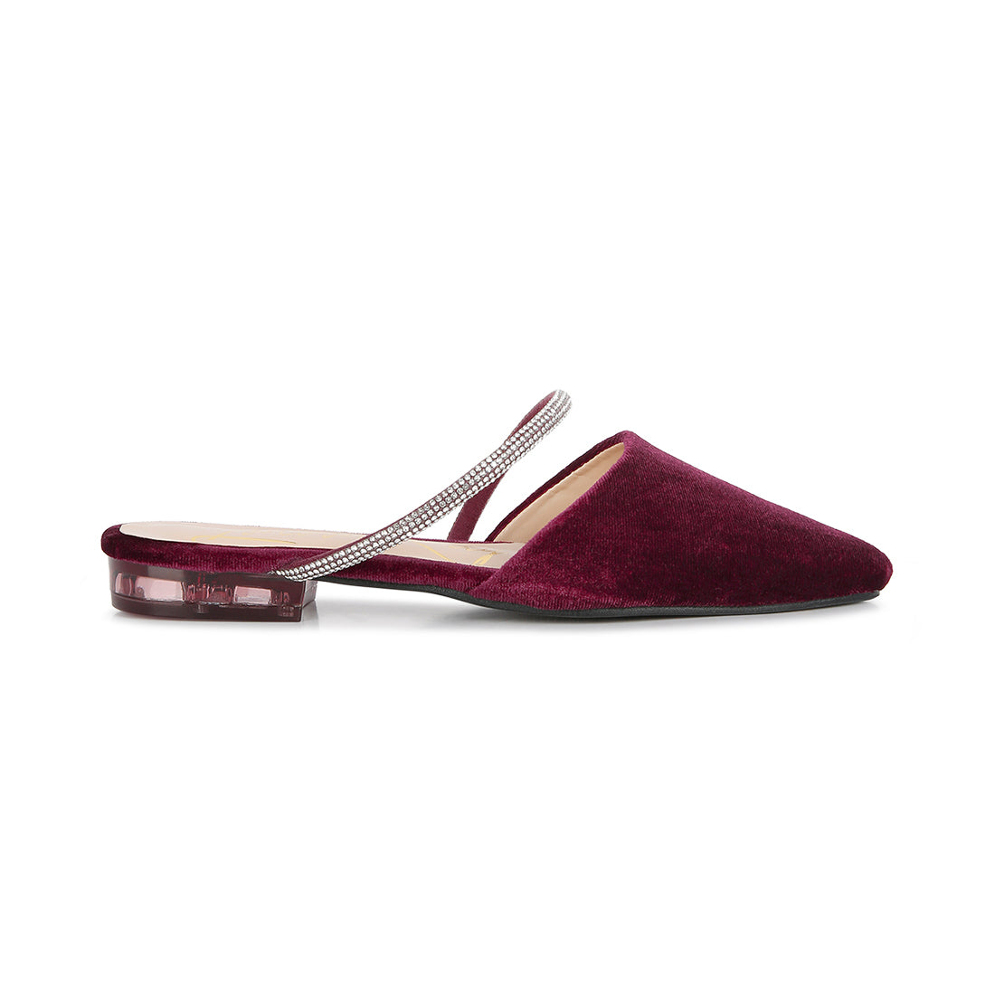 Burgundy Velvet Diamante Detail Flat Mules
