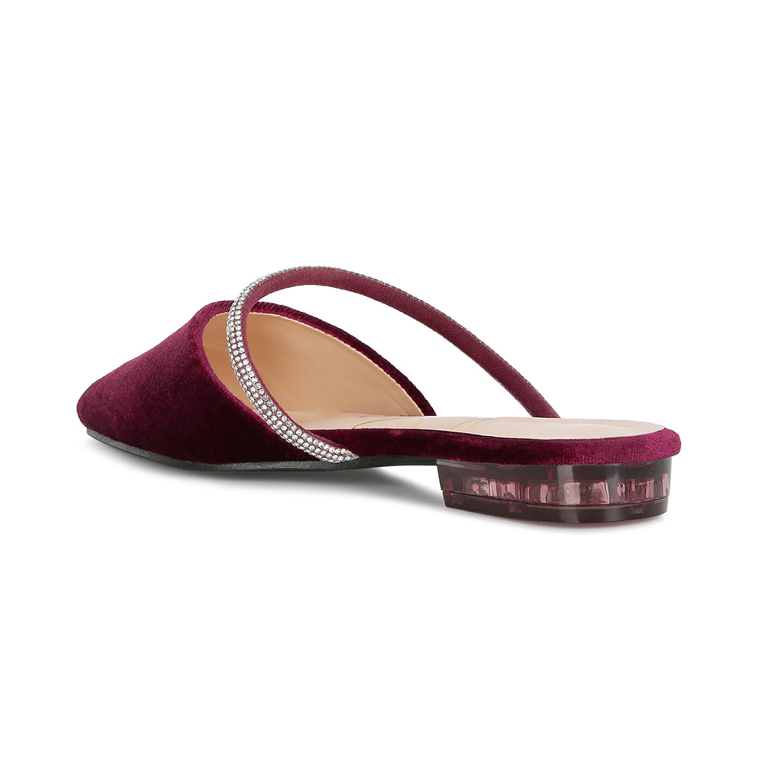 Burgundy Velvet Diamante Detail Flat Mules