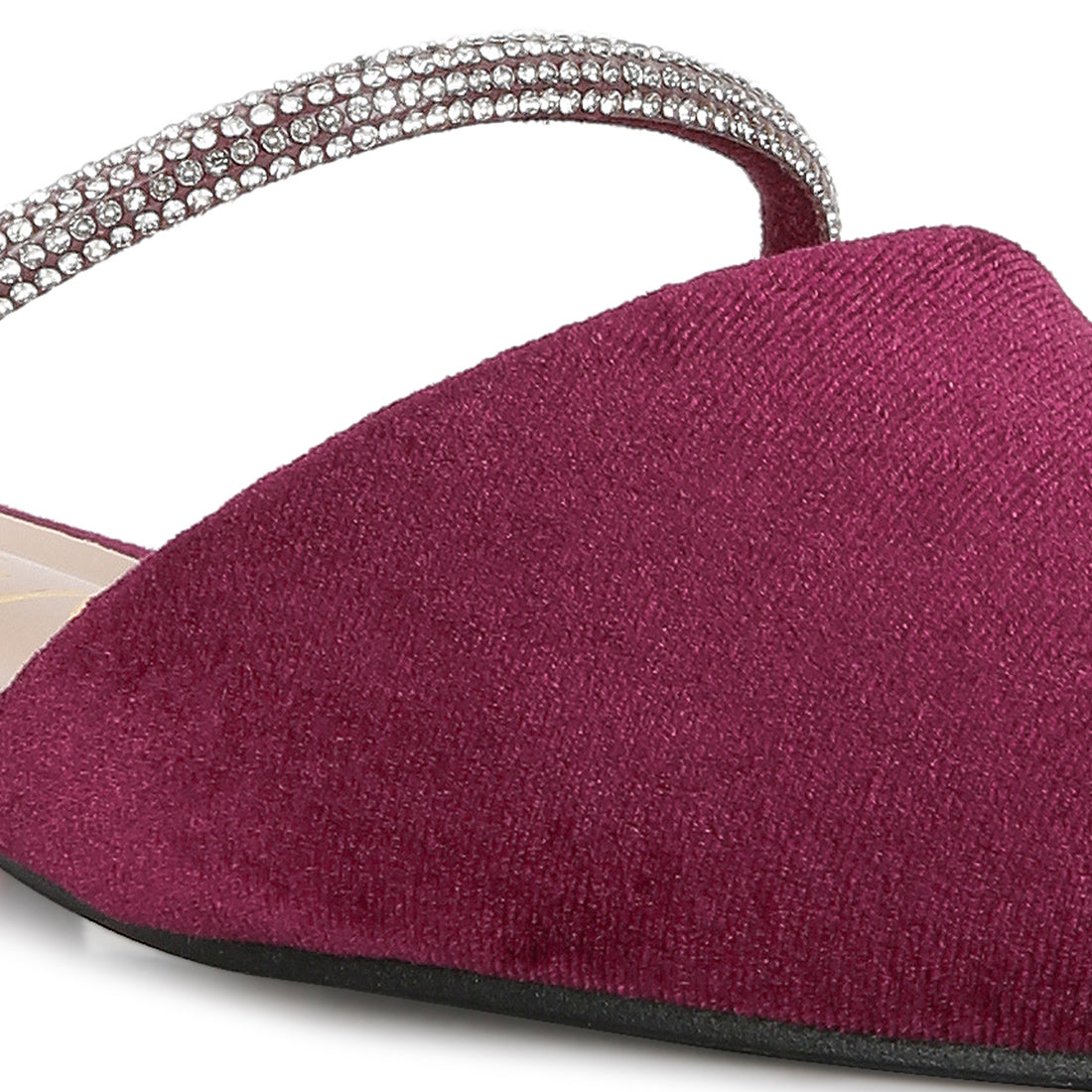 Burgundy Velvet Diamante Detail Flat Mules