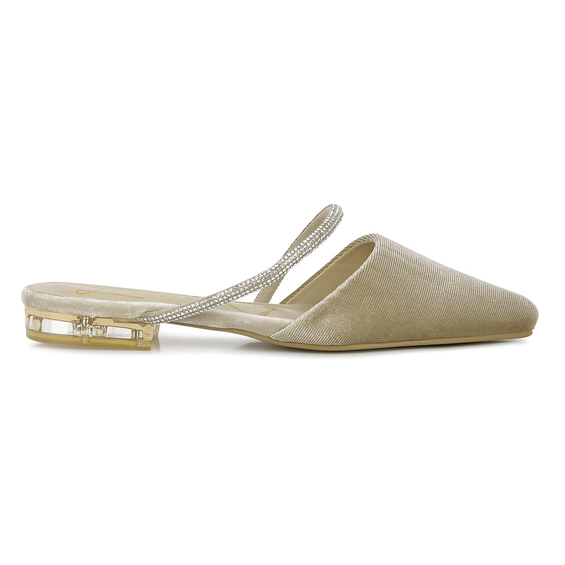 Khaki Velvet Diamante Detail Flat Mules
