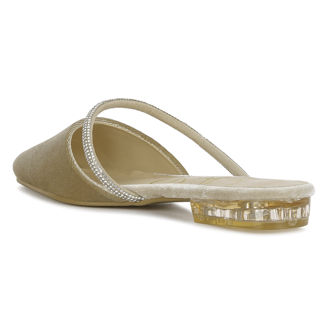 Khaki Velvet Diamante Detail Flat Mules