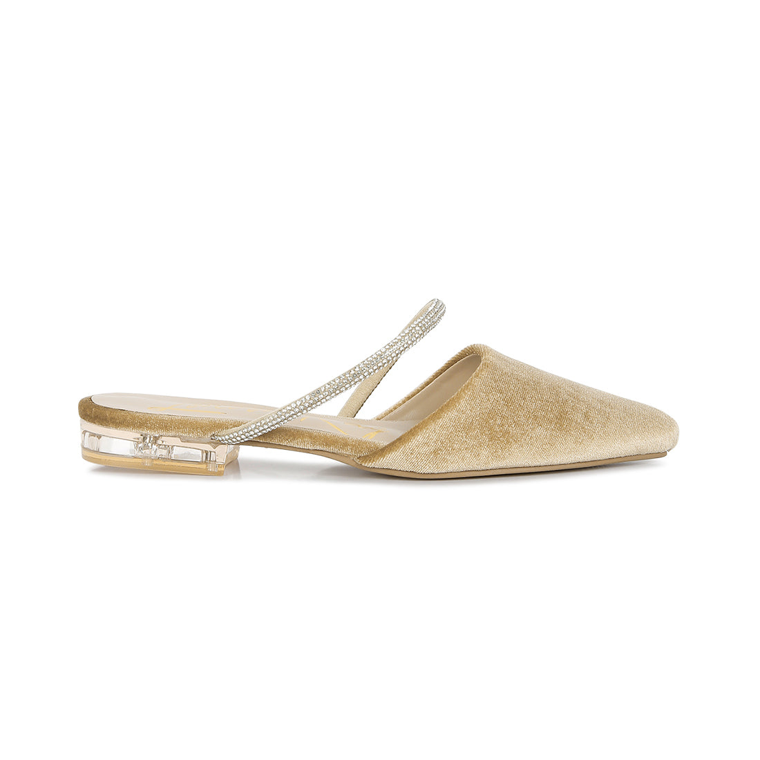 Beige Velvet Diamante Detail Flat Mules