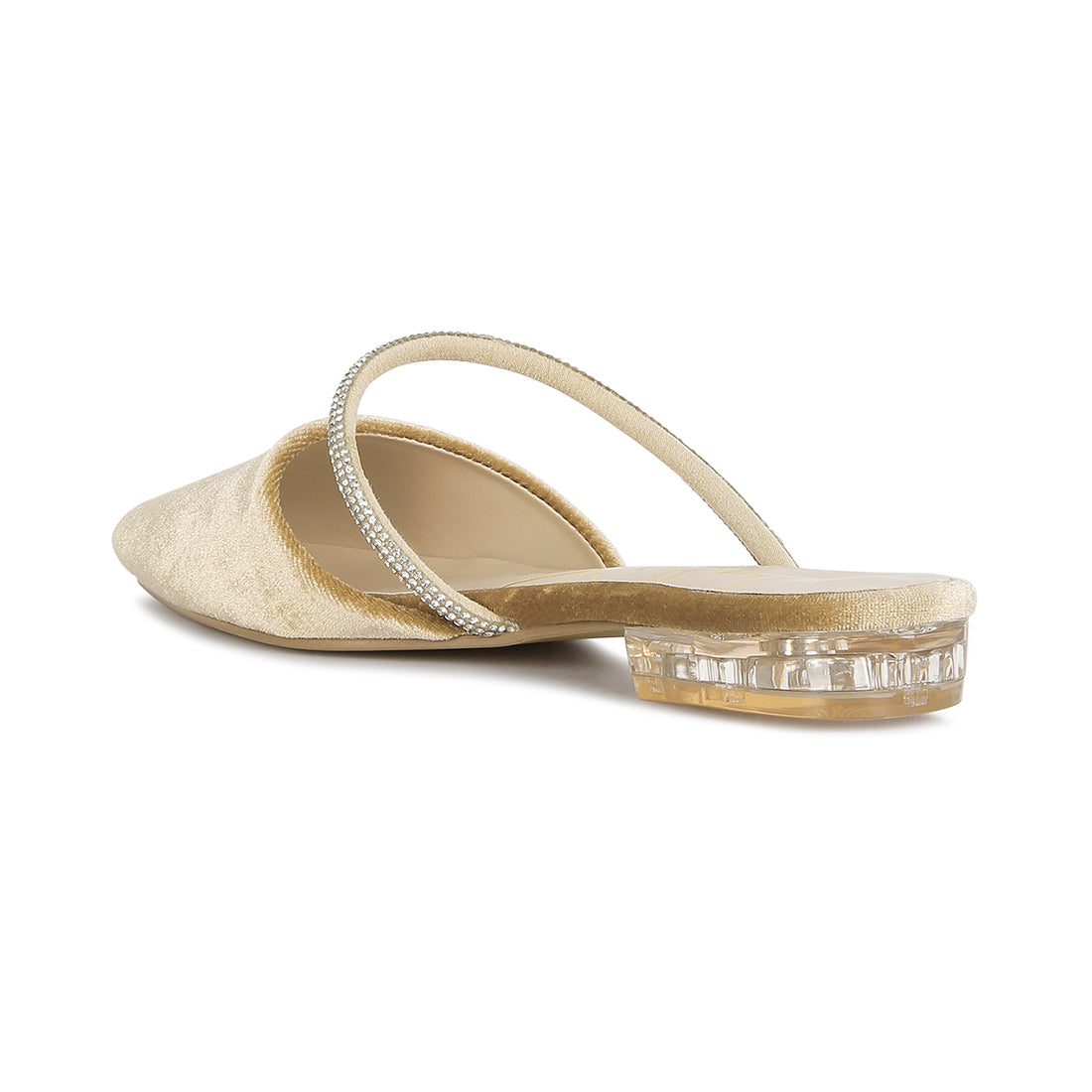 Beige Velvet Diamante Detail Flat Mules