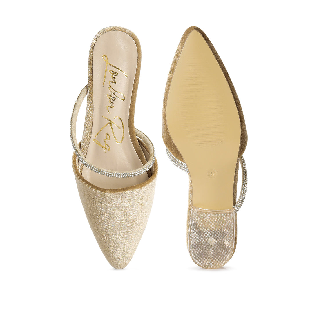 Beige Velvet Diamante Detail Flat Mules