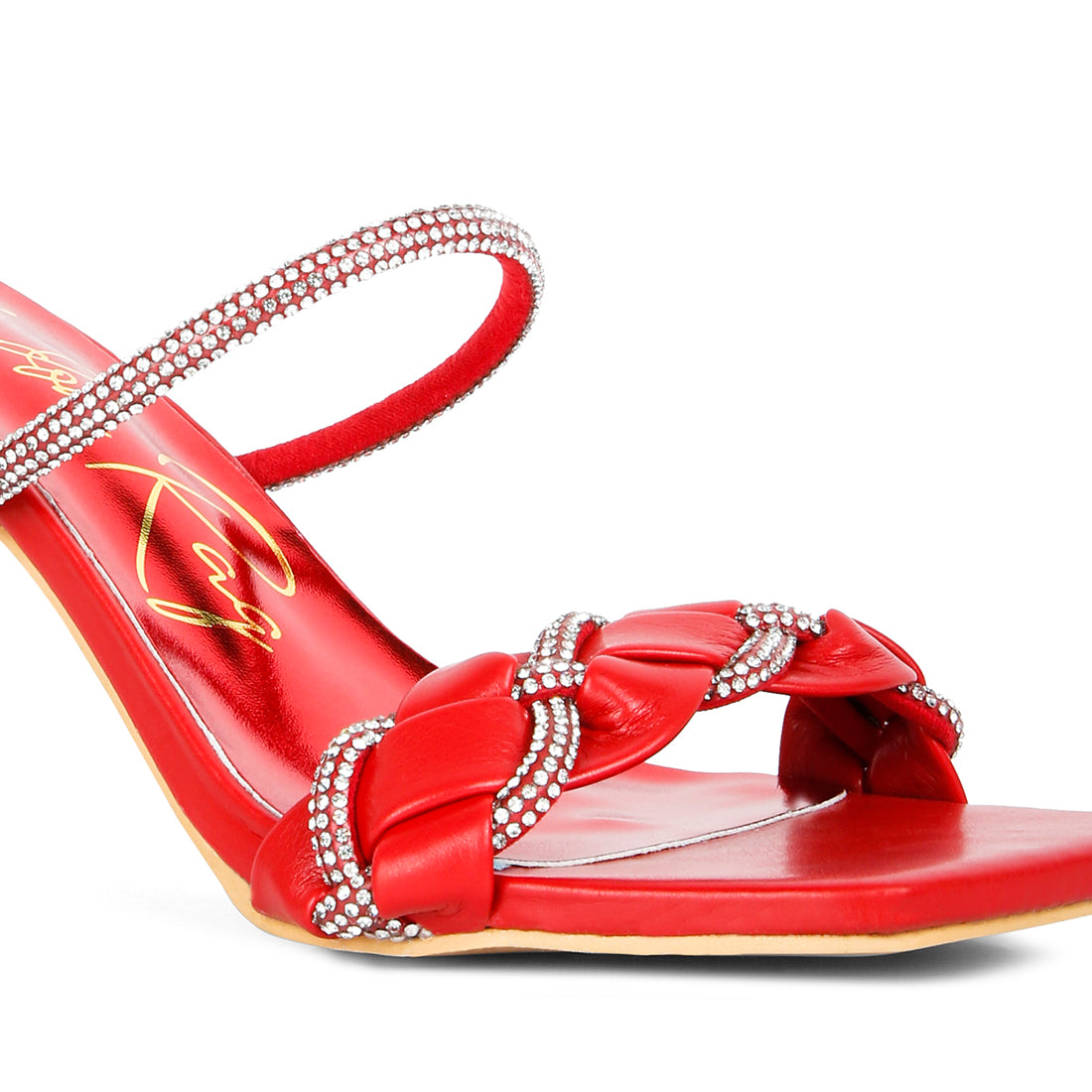 Red Diamante Detail Mid Heel Sandals
