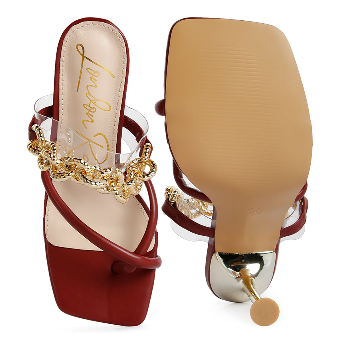 Burgundy Diamante Strap Heeled Sandals
