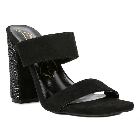 Black Diamante Set High Block Heeled Sandals