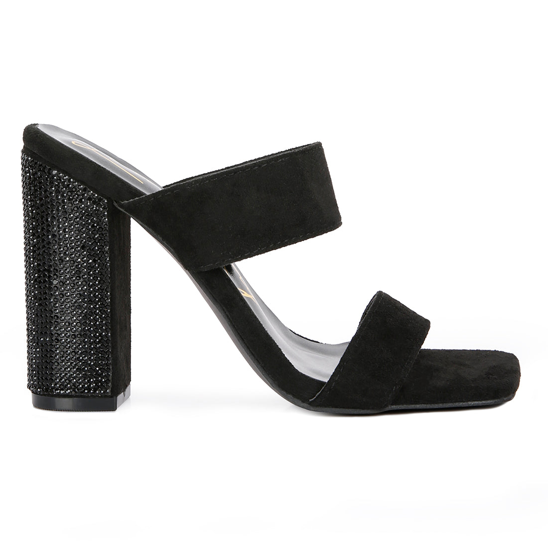 Black Diamante Set High Block Heeled Sandals