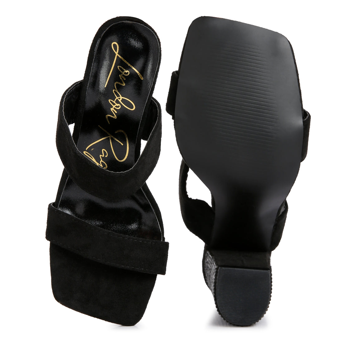 Black Diamante Set High Block Heeled Sandals