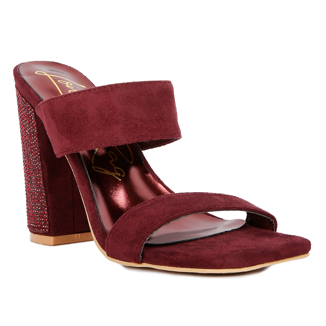 Burgundy Diamante Set High Block Heeled Sandals