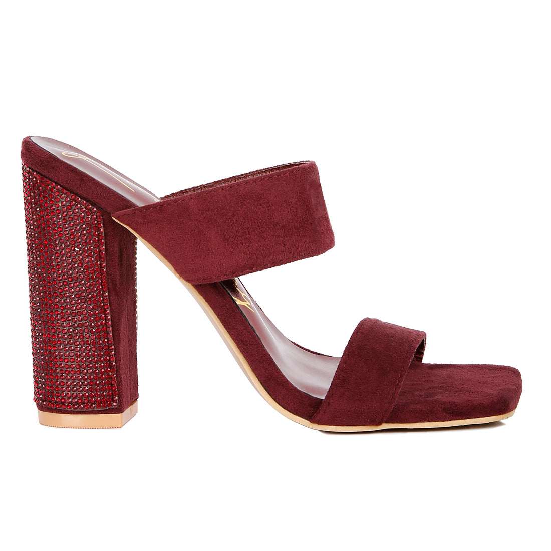 Burgundy Diamante Set High Block Heeled Sandals