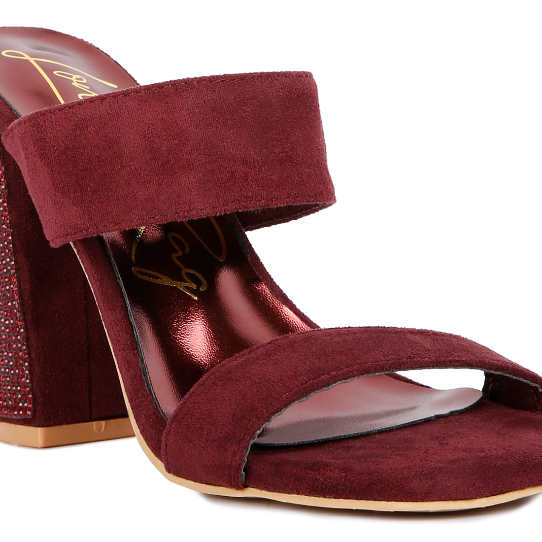 Burgundy Diamante Set High Block Heeled Sandals