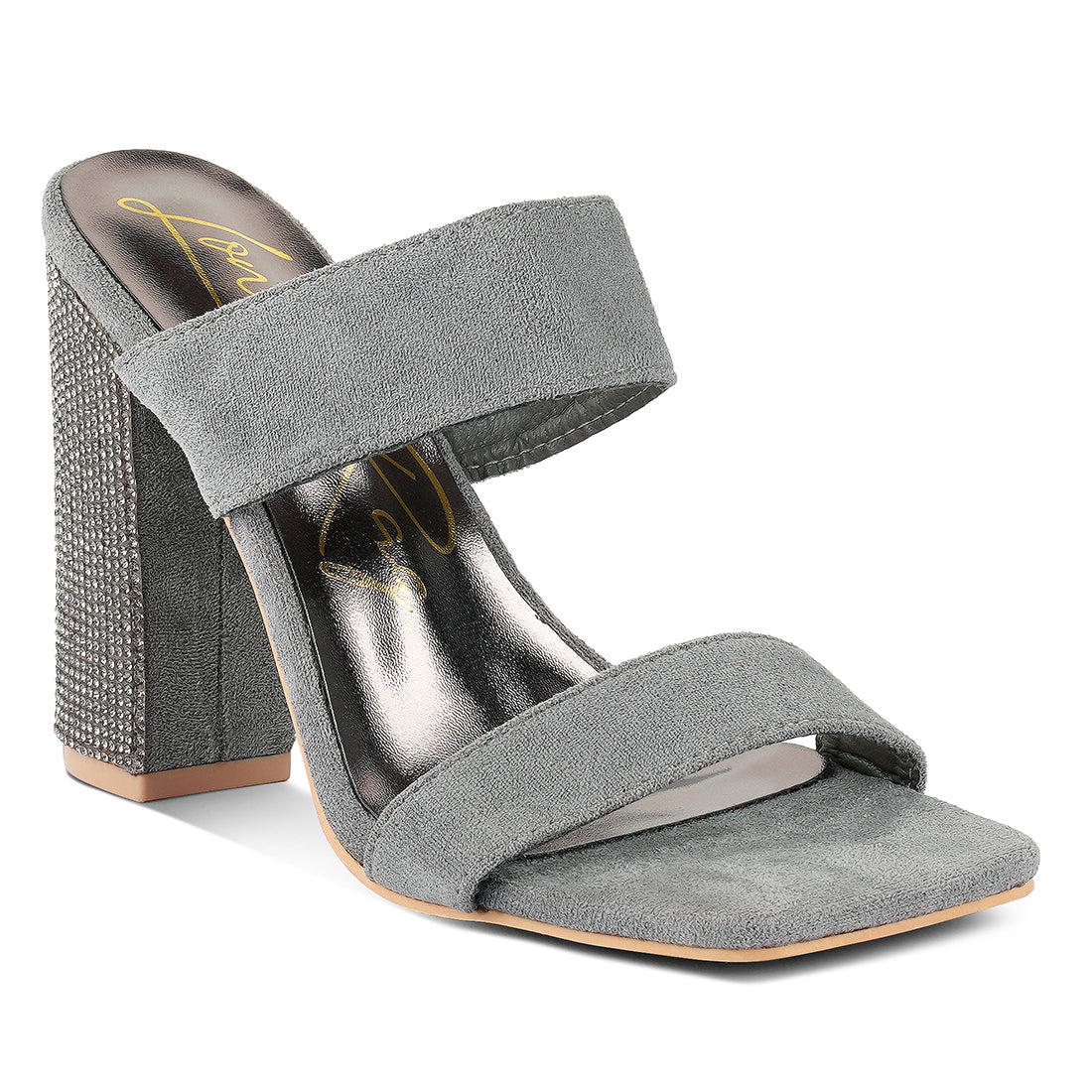Grey Diamante Set High Block Heeled Sandals