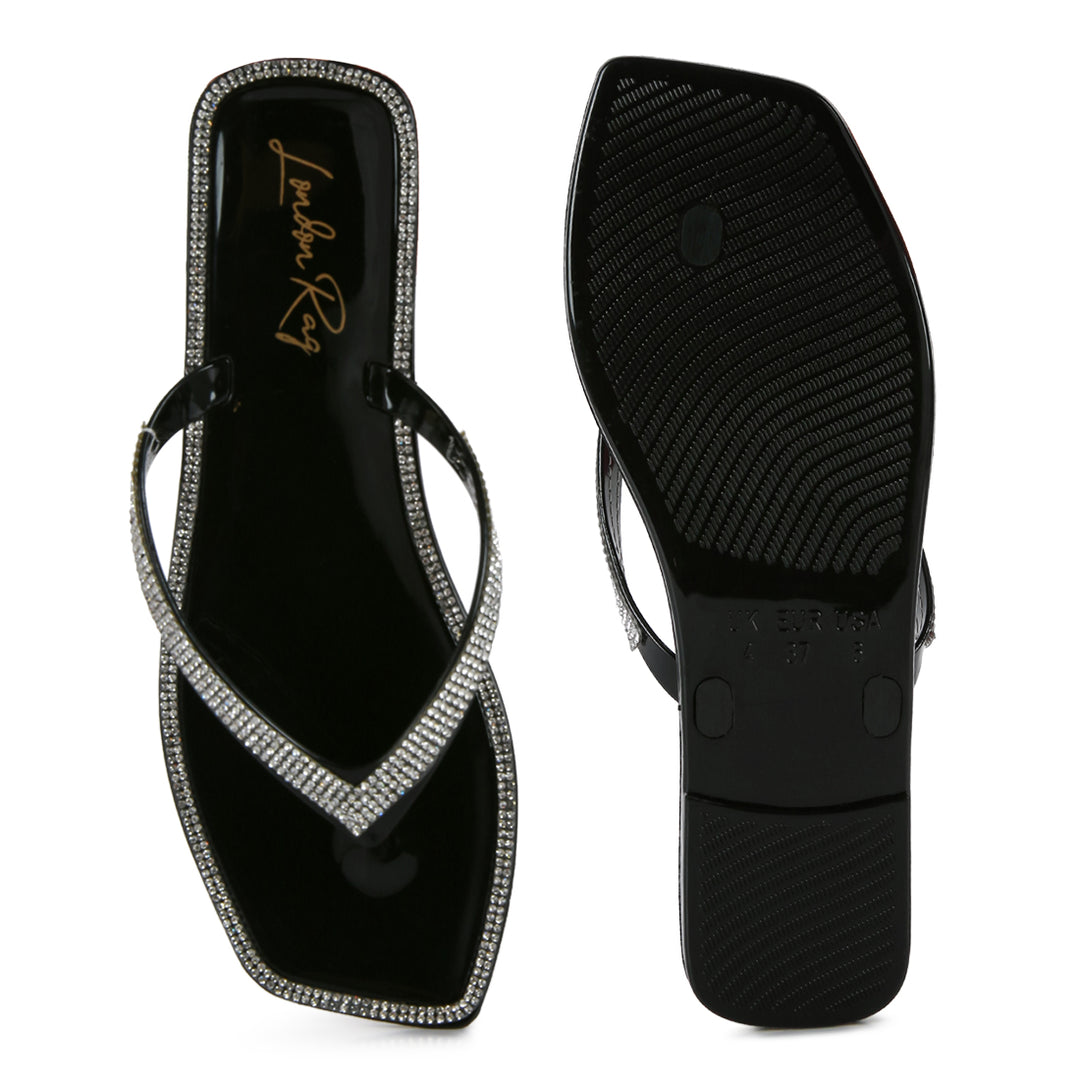 Black Diamante Stud Detail Thong Flats