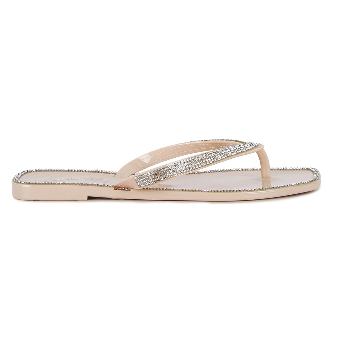 Nude Diamante Stud Detail Thong Flats