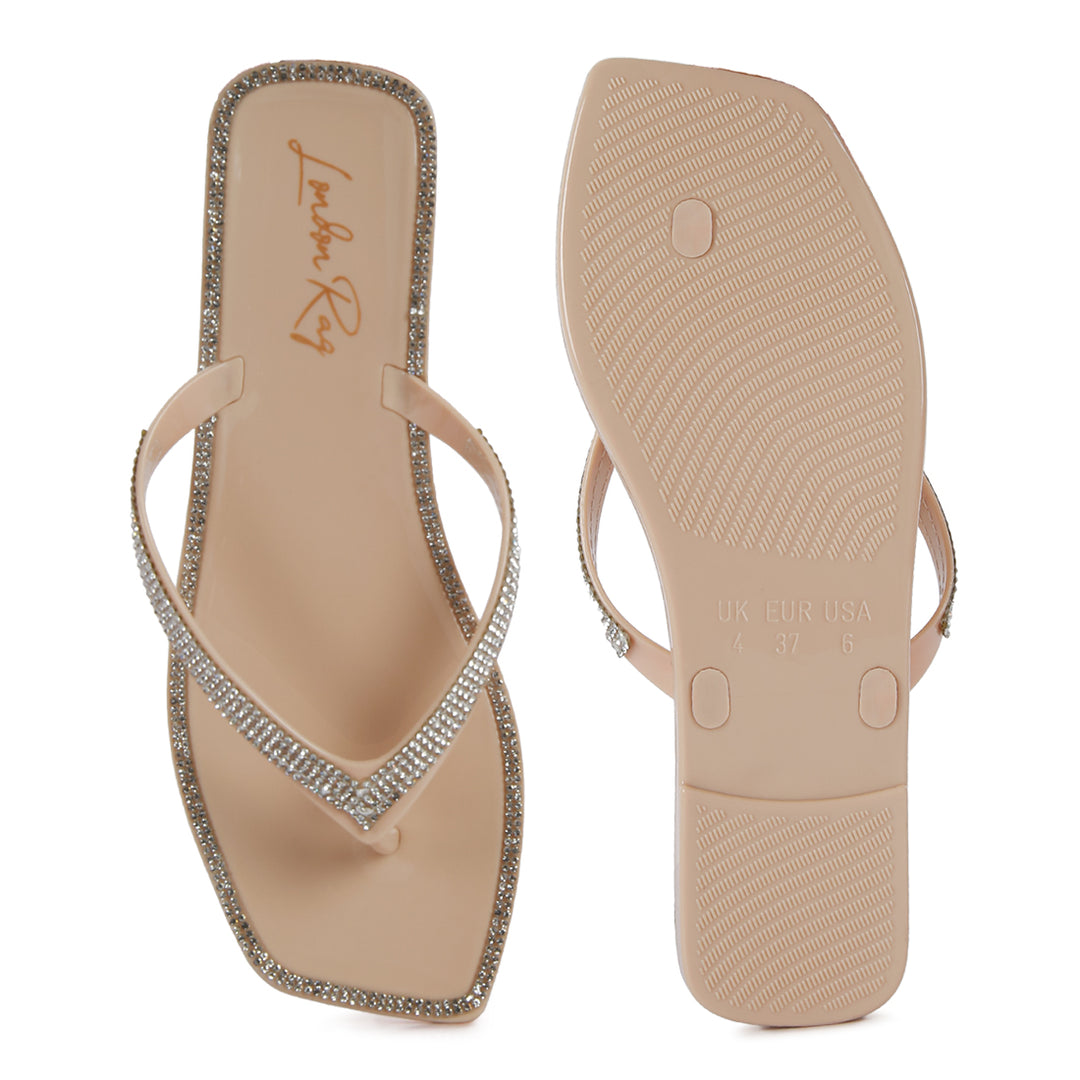 Nude Diamante Stud Detail Thong Flats