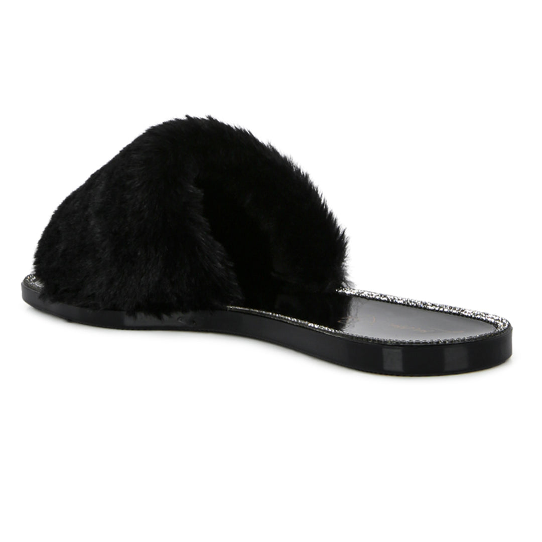 Black Fur Diamante Detail Jelly Flats