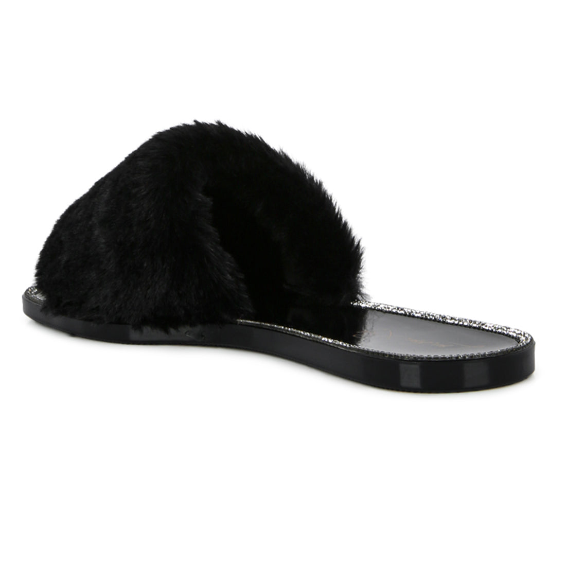 Black Fur Diamante Detail Jelly Flats