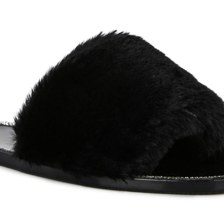 Black Fur Diamante Detail Jelly Flats