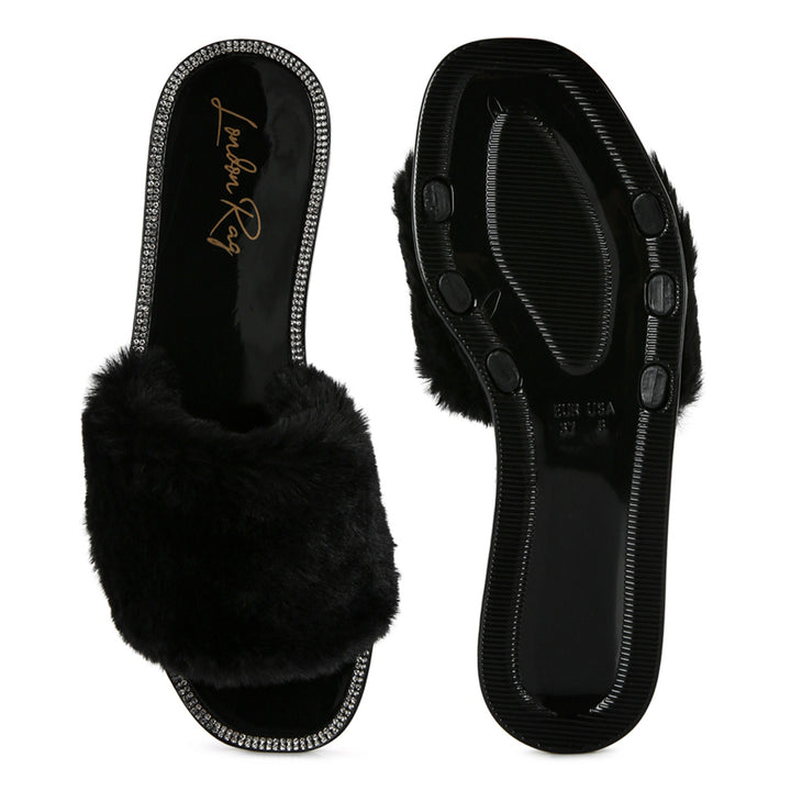 Black Fur Diamante Detail Jelly Flats