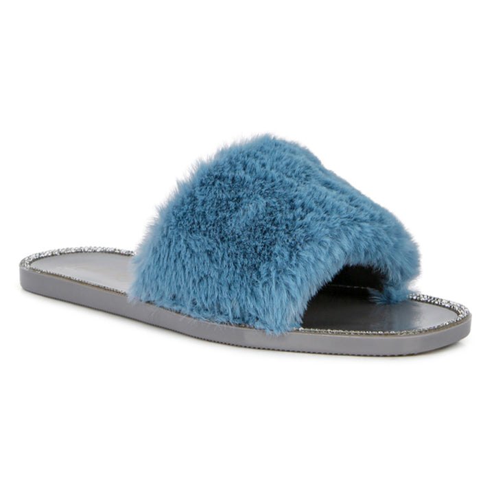 Blue Fur Diamante Detail Jelly Flats