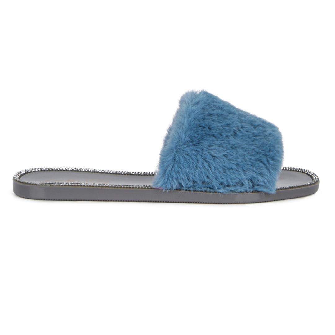 Blue Fur Diamante Detail Jelly Flats