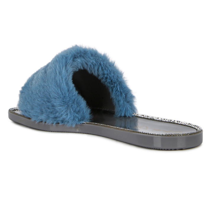 Blue Fur Diamante Detail Jelly Flats