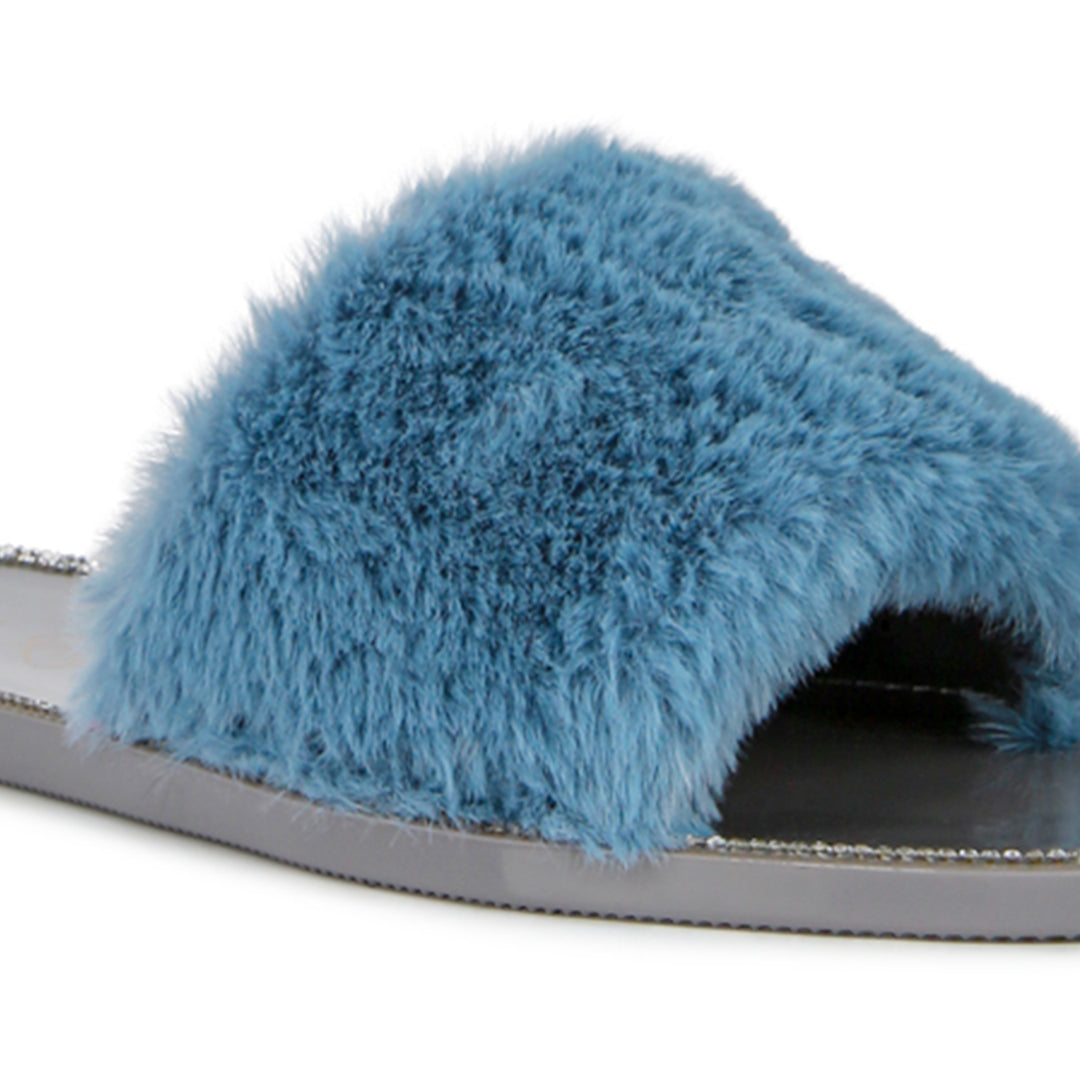 Blue Fur Diamante Detail Jelly Flats