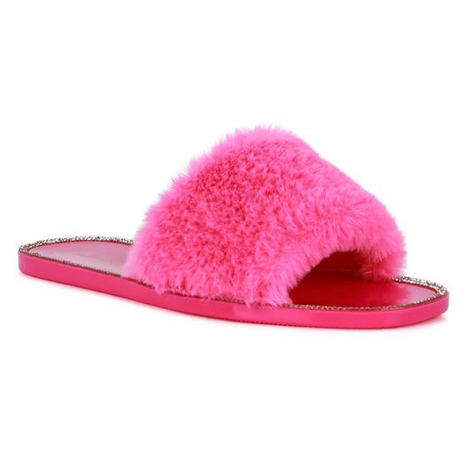 Pink Fur Diamante Detail Jelly Flats