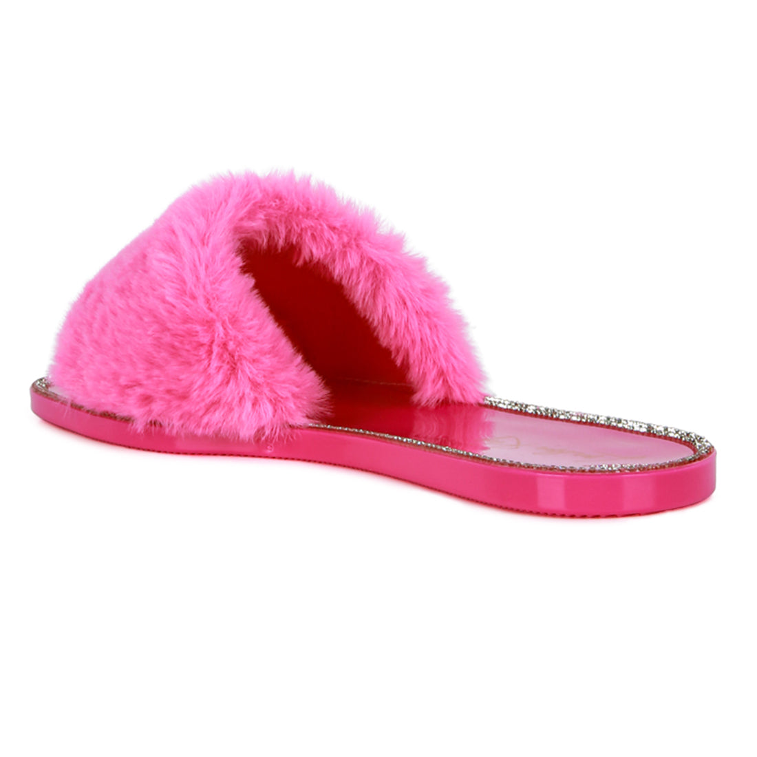 Pink Fur Diamante Detail Jelly Flats